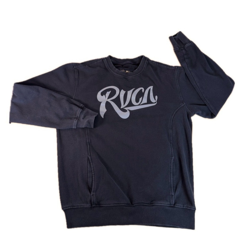 Rvca Men’s Black Screenprint Logo Crewneck Pullover Sweatshirt With Pockets M